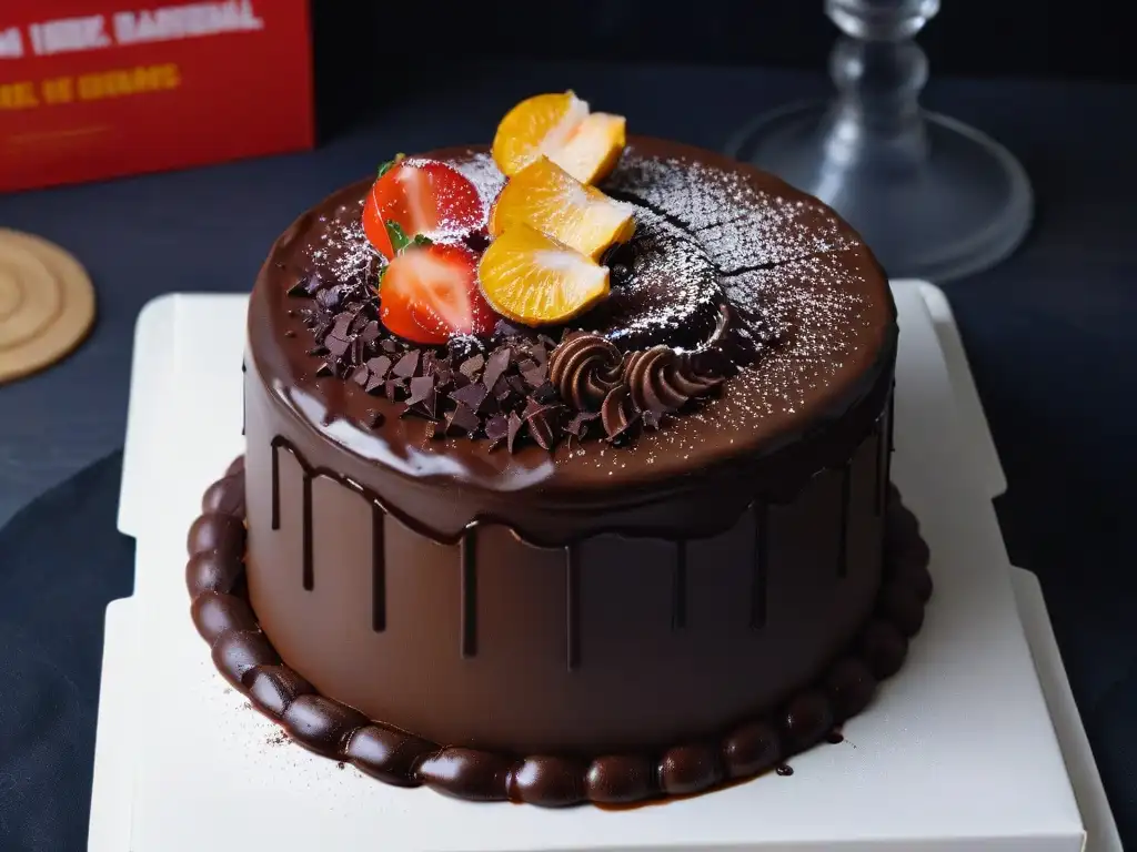 Torta ahogada en chocolate con shavings y oro, en elegante fondo negro