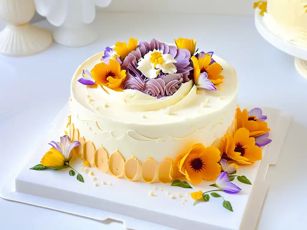 Una torta tres leches decorada con influencia de repostería latina y tendencias globales, con detalles delicados en colores pastel y flores comestibles