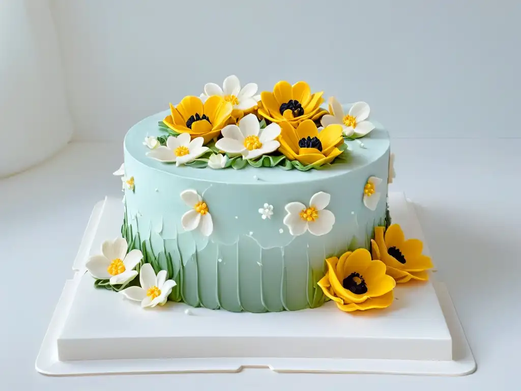Exquisita tarta fondant multicapa en tonos pastel Torta fondant multicolor con detalles de encaje y flores, exhibida en un soporte moderno