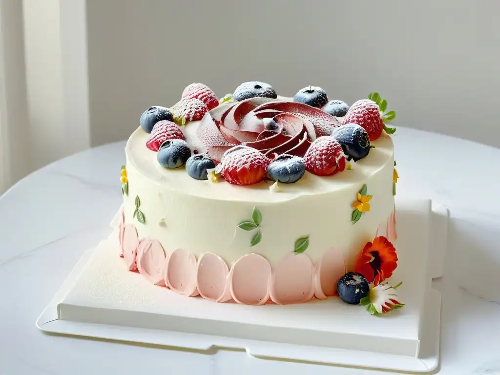 Torta vegana decorada con elegancia en tonos pasteles y frutas frescas, sobre soporte blanco en cocina moderna