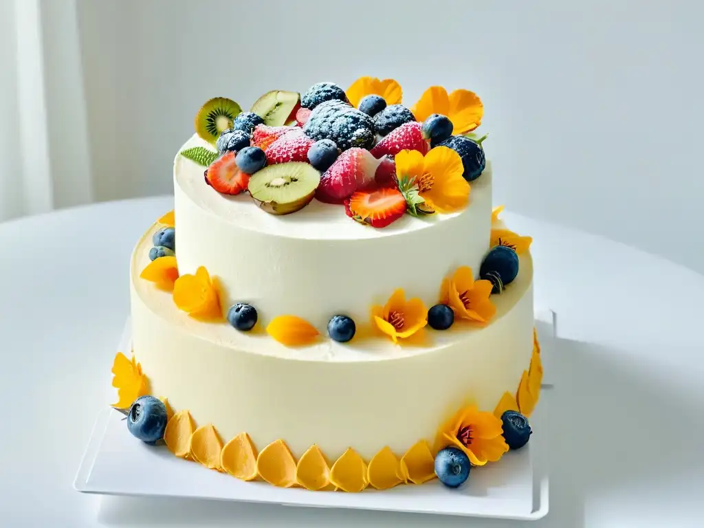 Una torta vegana decorada con frutas frescas y flores comestibles, ideal para impresionar