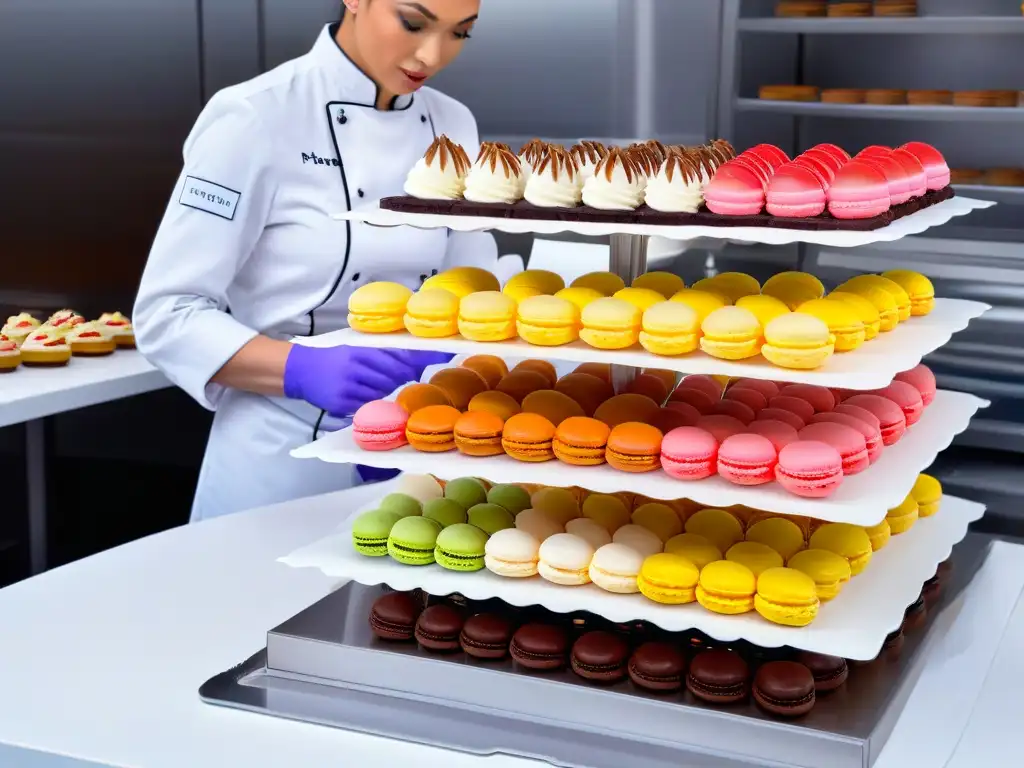 Estación de trabajo impecable para pasteleros en cocina profesional, con macarons coloridos y pastelero decorando una torta