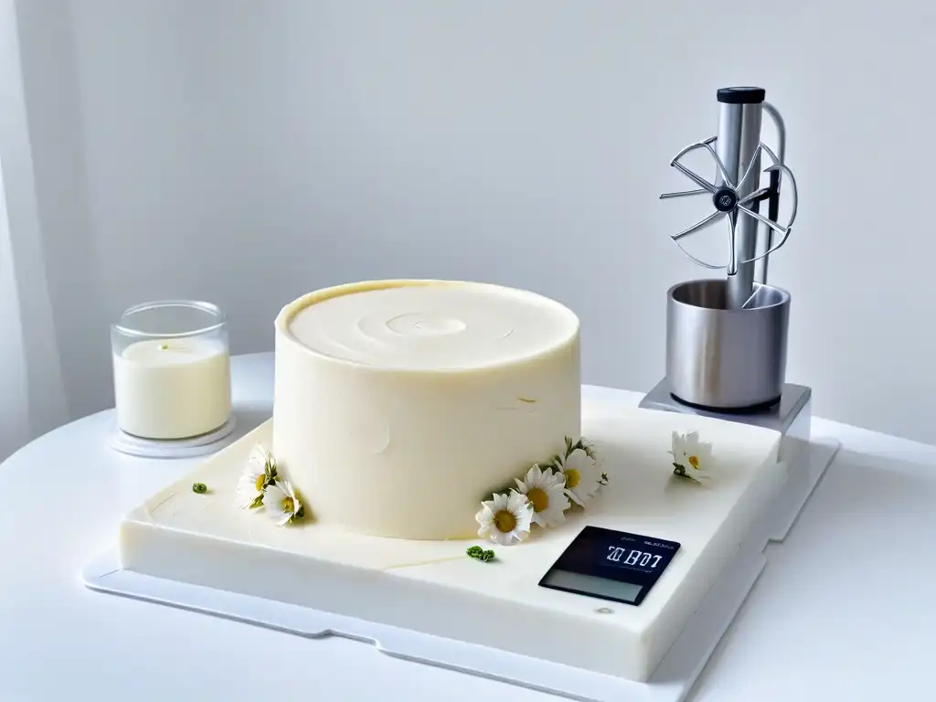 Estación de trabajo para pasteleros en mármol blanco con utensilios y flores frescas, bañada en luz natural suave