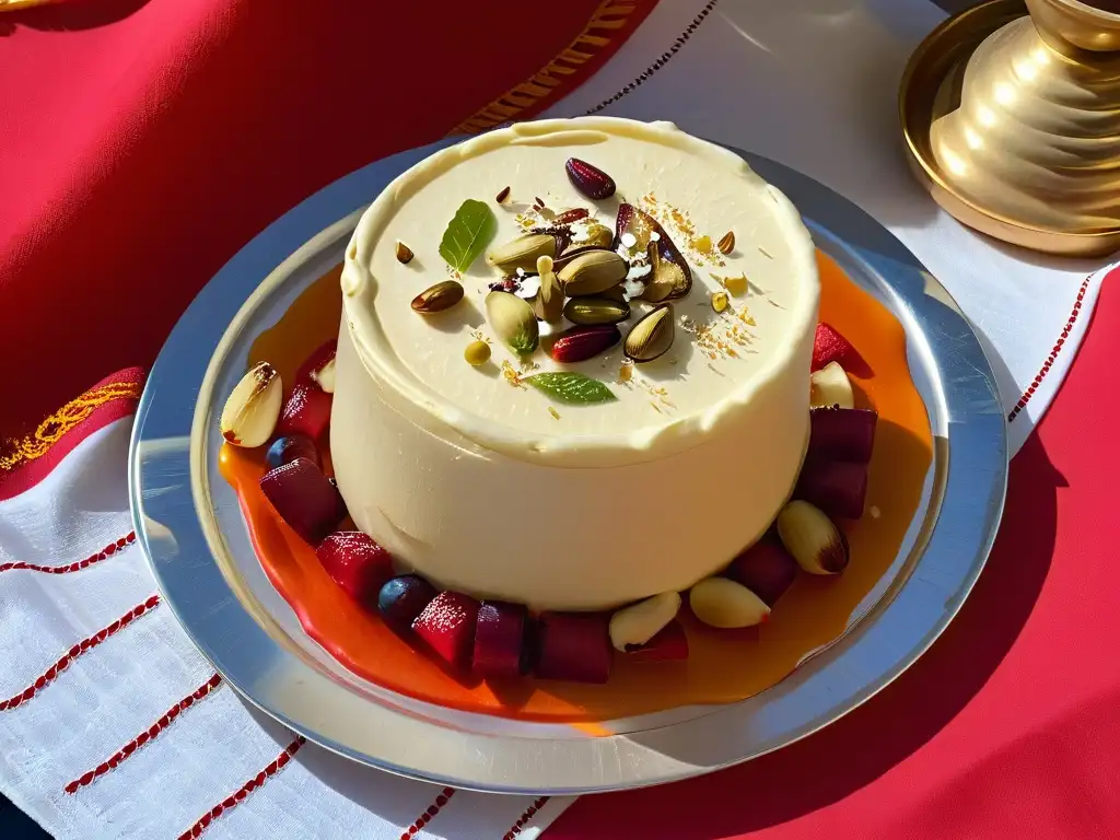 Un kulfi indio tradicional, con almendras y pistachos, sobre un plato de plata, en un vibrante telar indio