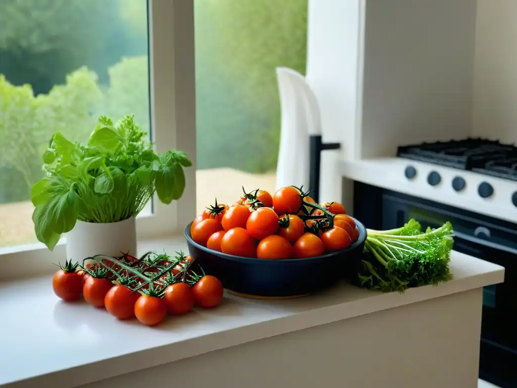 Un rincón tranquilo de cocina con ingredientes frescos, bañado en luz natural