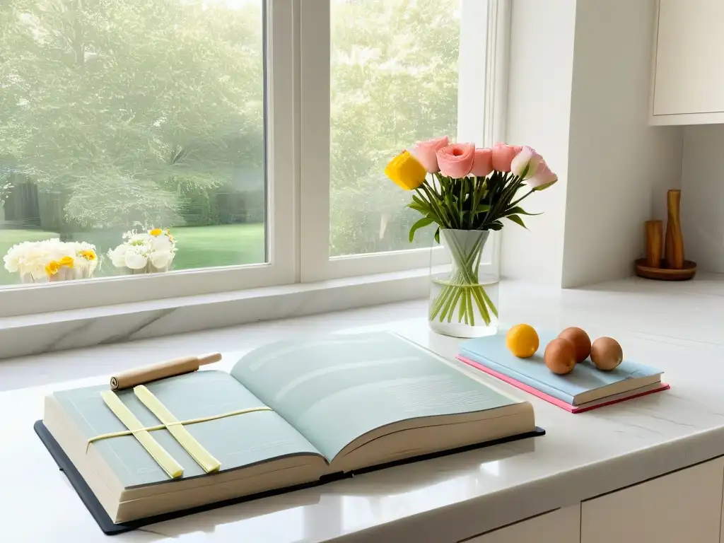 Un tranquilo retiro de cocina para reposteros, con elegante encimera de mármol, libros de recetas pastel y flores frescas