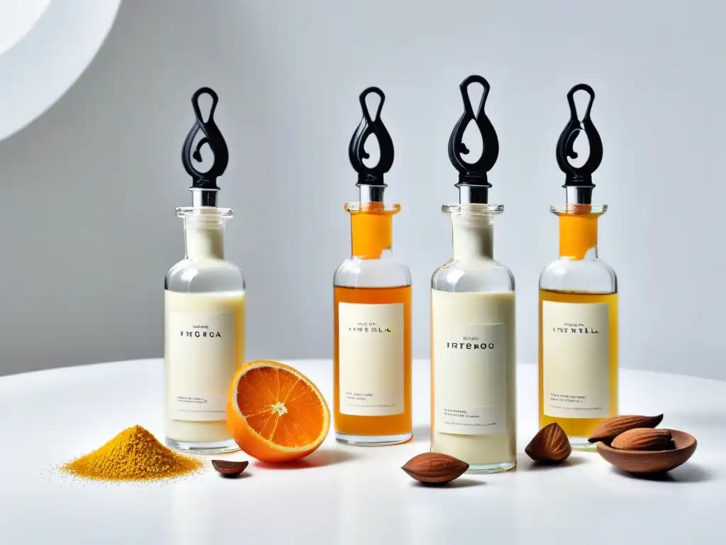 Trío de botellas elegantes con extractos naturales premium repostería: vainilla, almendra y cáscara de naranja en un fondo suave y neutro