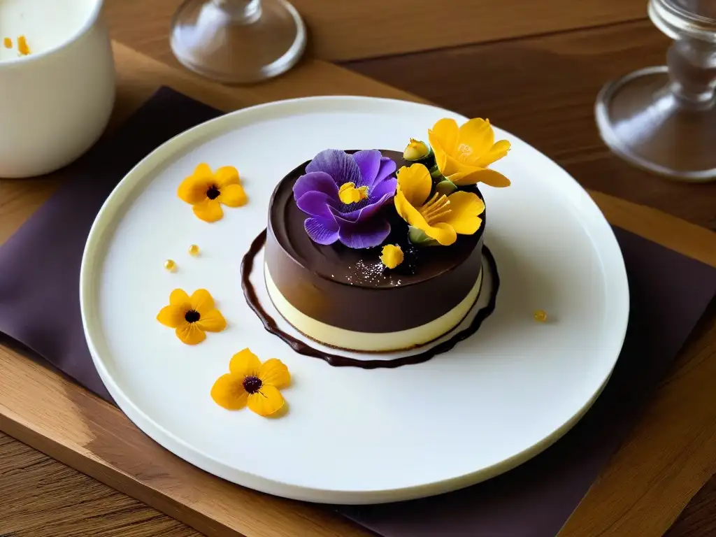 Un trío de postres elegantes: mousse de lavanda, crema de maracuyá y mousse de chocolate, con toques dorados y fresca menta