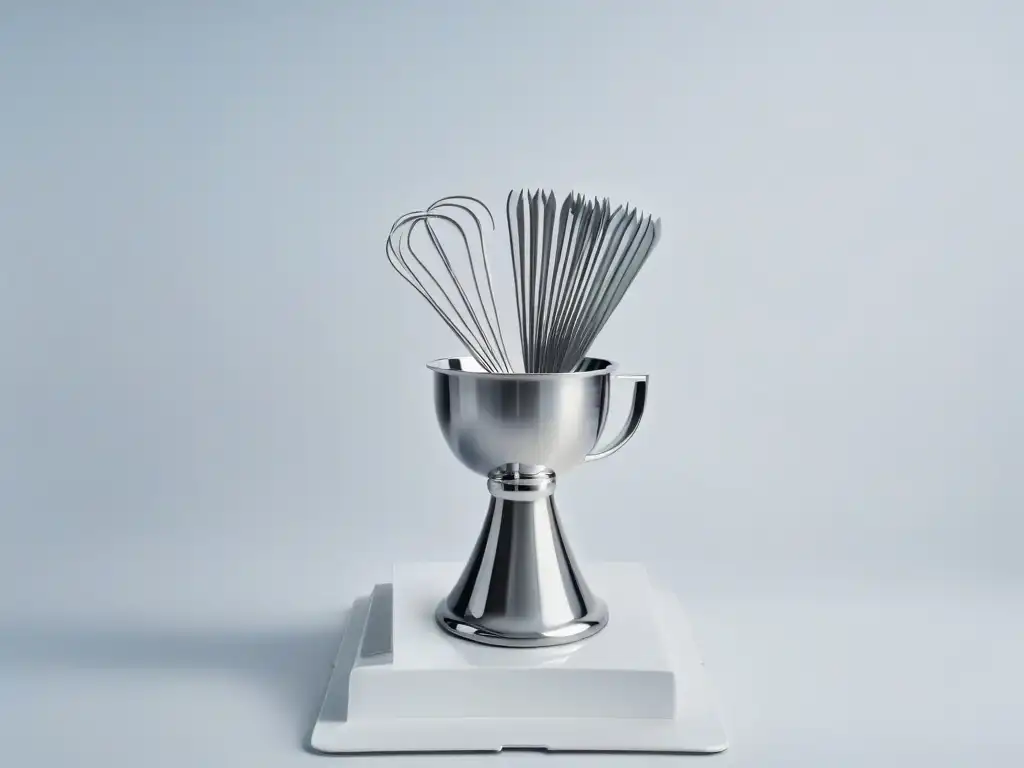 Un trofeo plateado brillante rodeado de utensilios de repostería, simbolizando logros en concursos de repostería