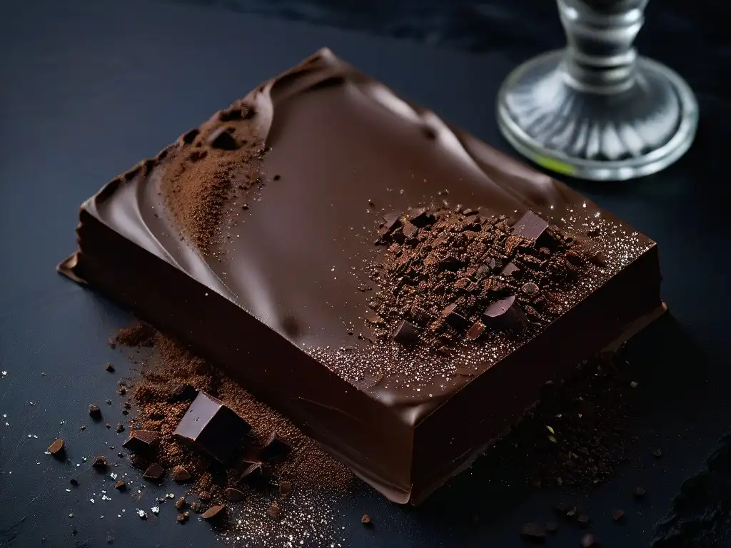 Un trozo de chocolate negro vegano: textura rica y decadente, con cacao y sal marina