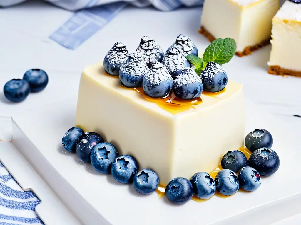 Un trozo delicadamente servido de cheesecake con miel, arándanos frescos y menta