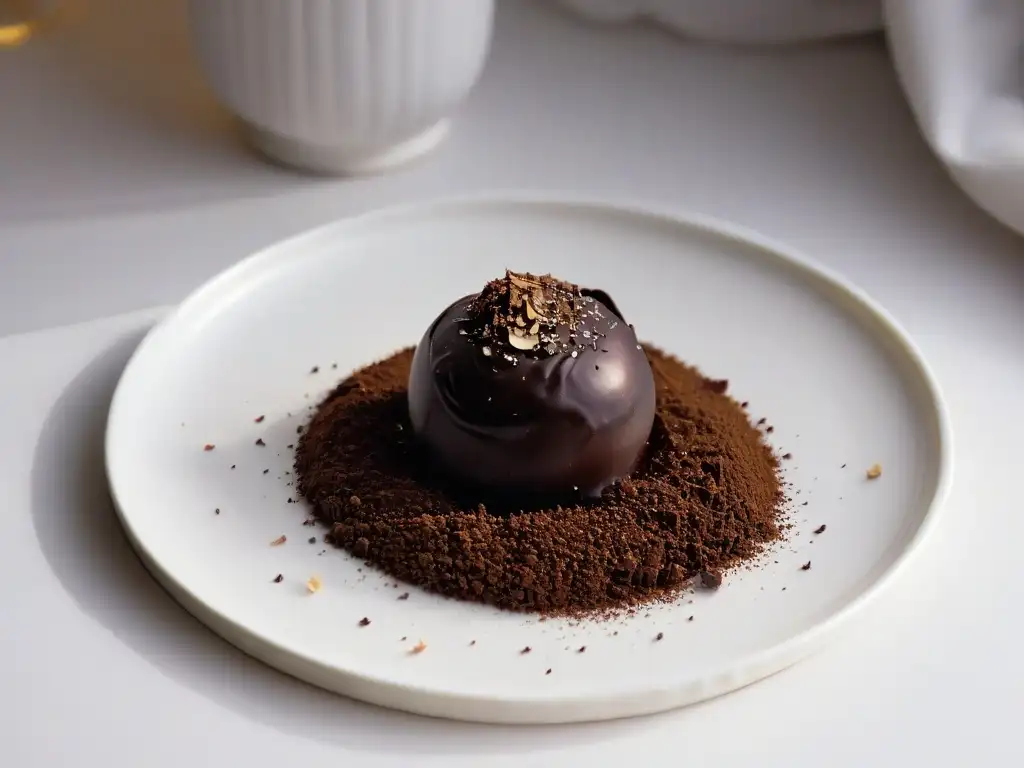Una trufa artesanal eslovena reposa sobre virutas de chocolate oscuro, con un toque de cacao