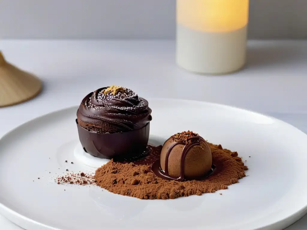 Una trufa de chocolate eslovena deliciosa, con ganache oscuro y polvo de cacao en un plato blanco, bañada por luz suave