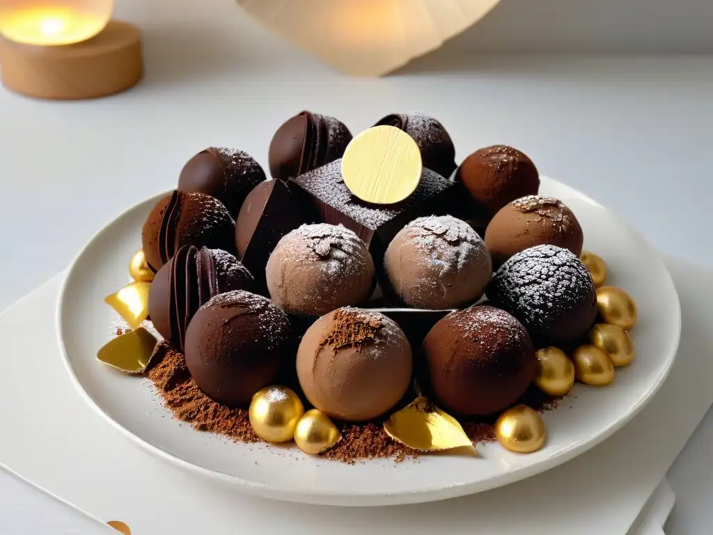 Trufas de chocolate eslovenas deliciosas en plato moderno, con cacao y láminas de oro