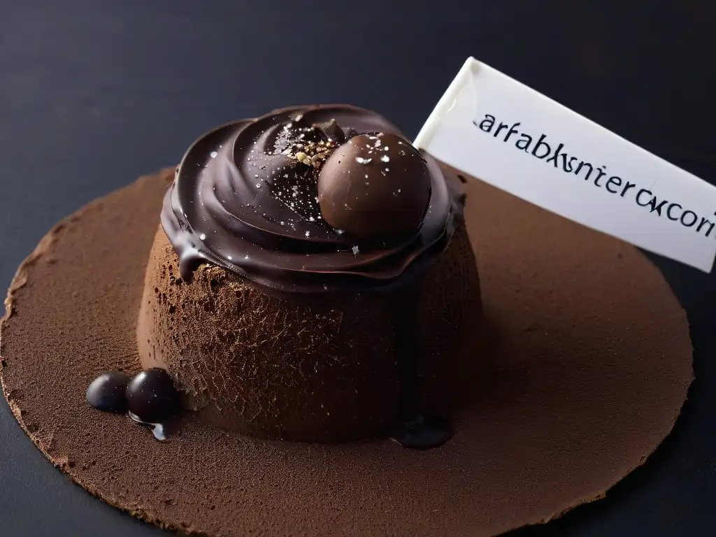 Preparación de trufas gourmet: sumergiendo delicadamente una trufa en chocolate negro brillante, creando una escena elegante y detallada