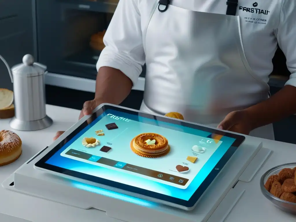 Un tutorial de repostería innovador en una tablet futurista rodeada de gadgets de alta tecnología en una pantalla holográfica