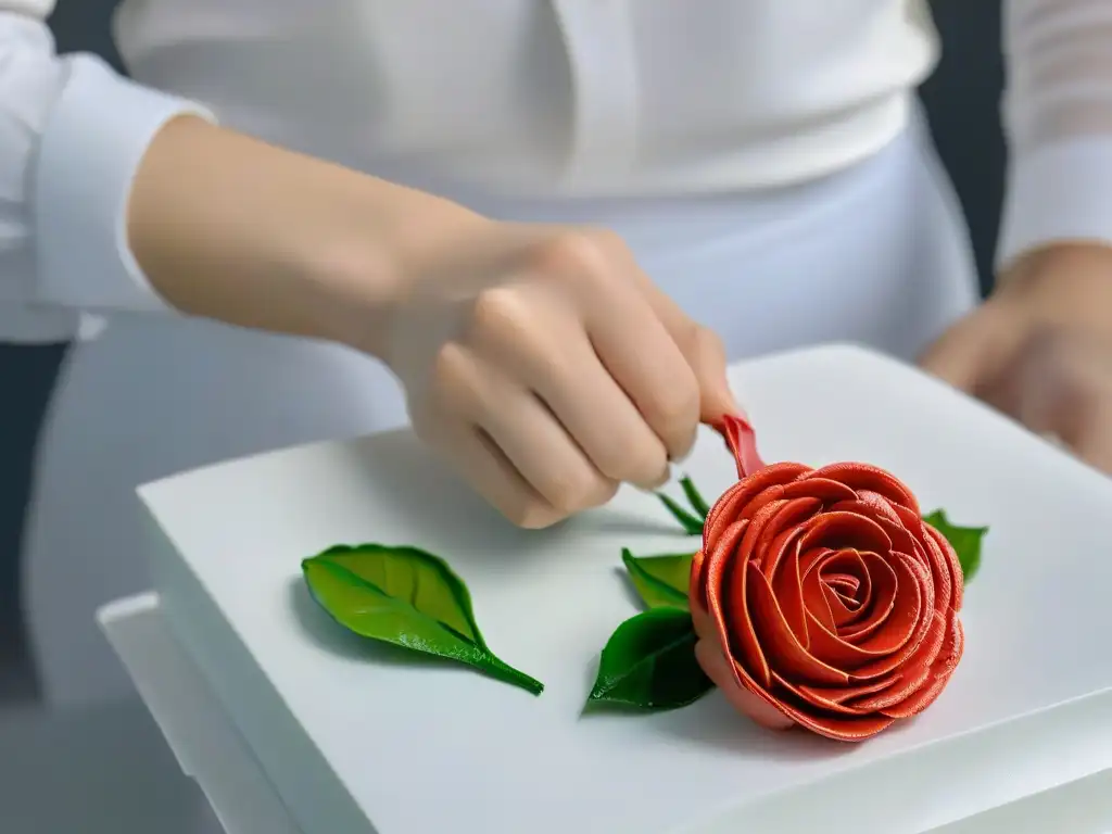 Tutorial para hacer rosas de azúcar: manos crean con precisión una delicada rosa petalo a pétalo