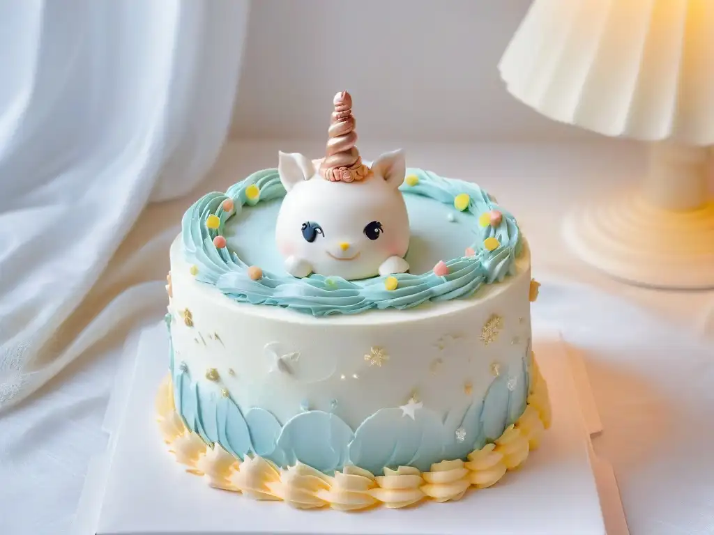 Detalles mágicos: unicornio de fondant en pastel de ensueño Un unicornio de fondant detallado y delicado en un pastel de colores pasteles
