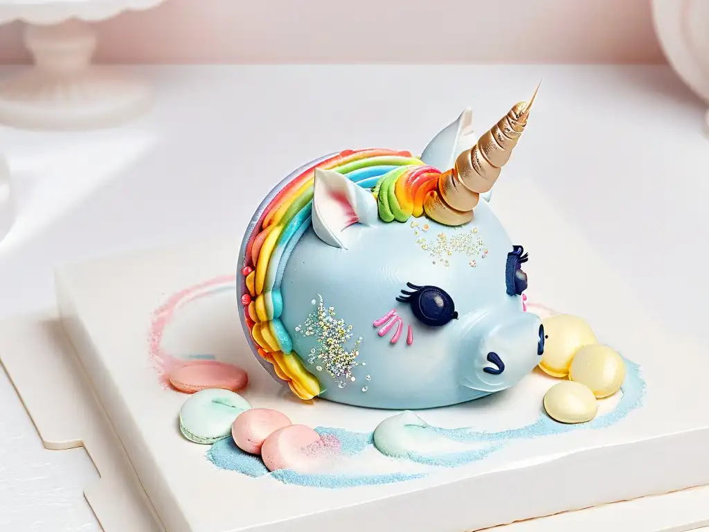 Un macaron unicornio de fantasía en pastel sobre mármol blanco