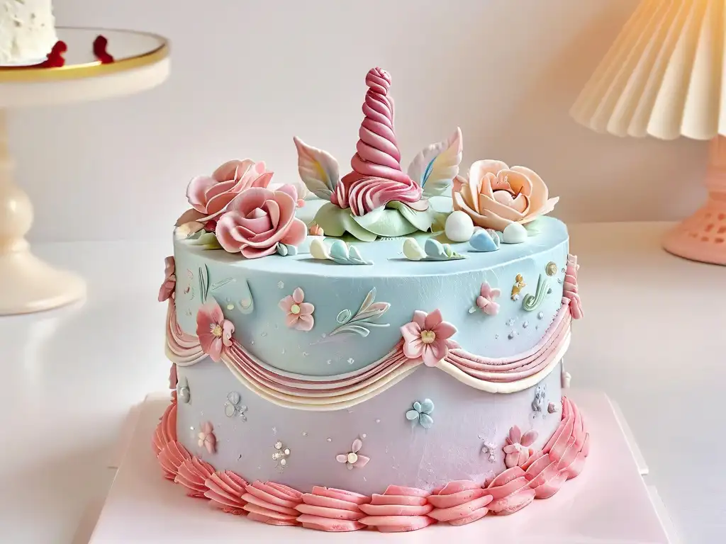 Detalles mágicos: Unicornio pastel decorado con fondant Un unicornio de pastel decorado con detalles increíbles en fondant, rodeado de un ambiente mágico y encantador