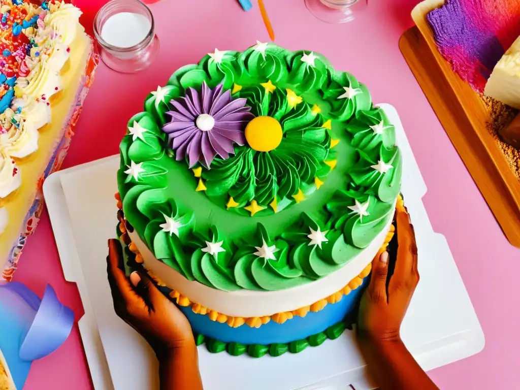 Unidos en la repostería inclusiva, conectando culturas a través del arte de decorar un pastel colorido con detallados diseños