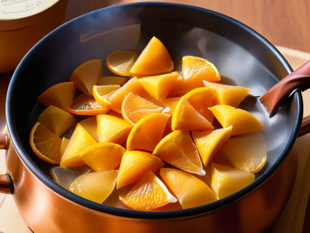 Usos sorprendentes: cáscara de naranja siendo cuidadosamente confitada en una olla de cobre brillante, creando una delicia visual y culinaria