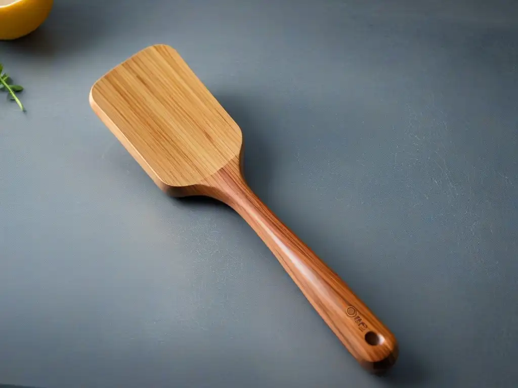 Spatula de bambú ecofriendly en elegante diseño moderno Utensilio repostería vegano eco-friendly: espátula de bambú sobre encimera gris, diseño moderno y sostenible