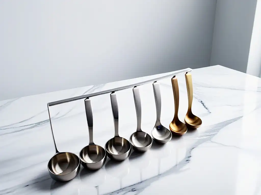 Juego de medición de acero inoxidable: precisión y elegancia en la cocina Utensilios de medición avanzados para repostería en acero inoxidable de alta calidad, sobre elegante encimera de mármol blanco