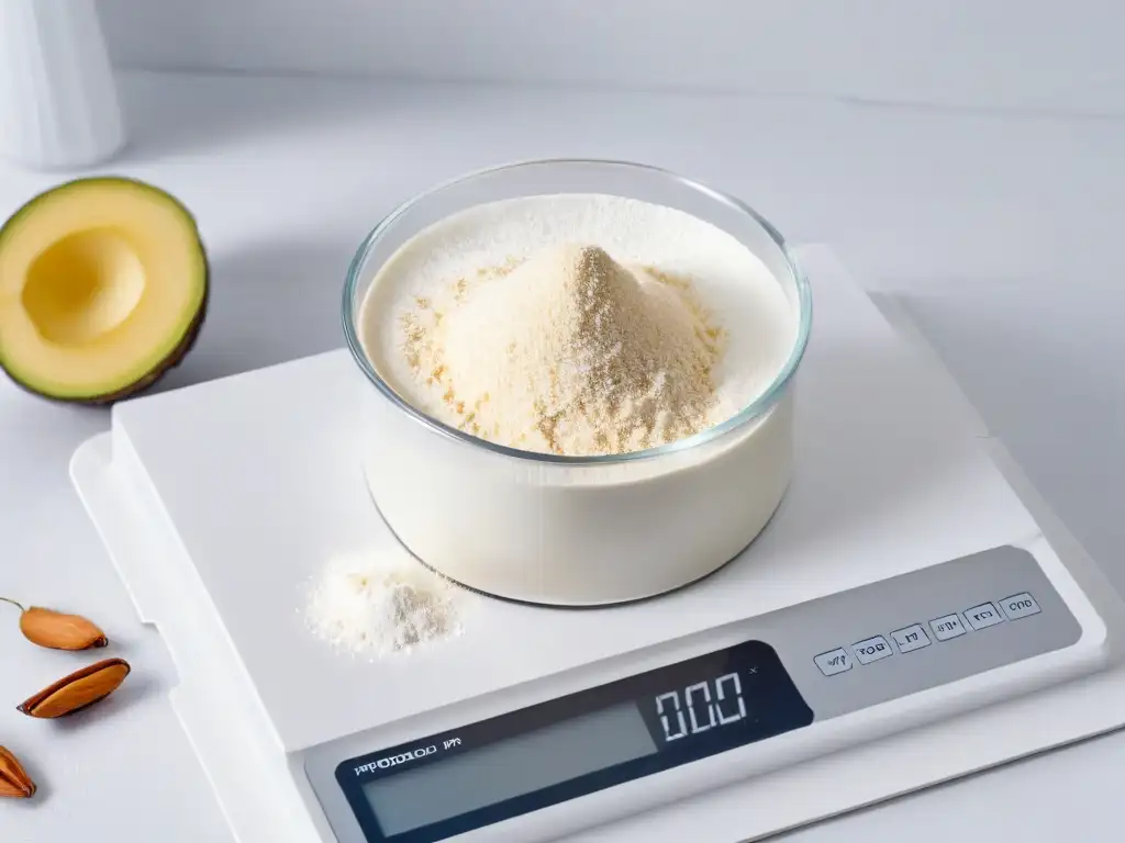Precisión y sofisticación en peso de ingredientes Utensilios de medición avanzados para repostería: Detalle de balanza digital mostrando medidas precisas de harina y azúcar