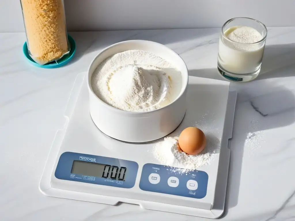 Precisa báscula digital en elegante cocina de mármol para repostería Utensilios de medición avanzados para repostería en una cocina minimalista y elegante