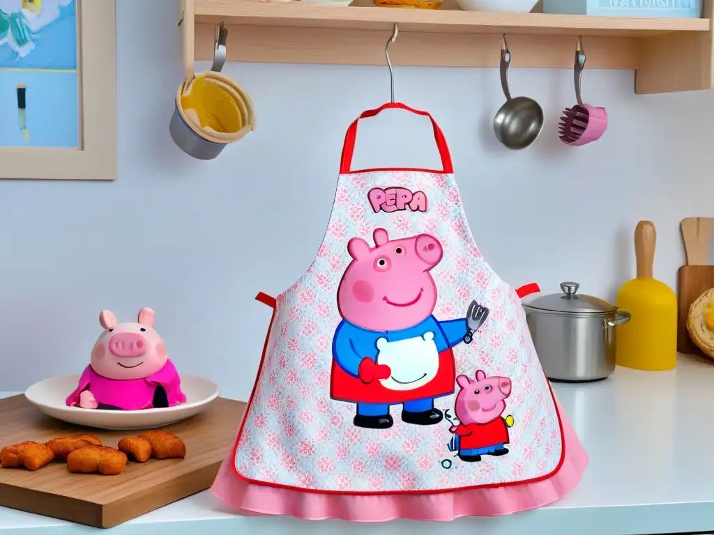 Utensilios cocina Peppa Pig: Cocina colorida con delantales y agarraderas de horno decorados con personajes de Peppa Pig