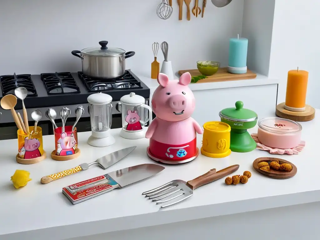 Utensilios cocina Peppa Pig: Colorida variedad de utensilios de cocina con diseño de Peppa Pig sobre encimera de mármol blanco