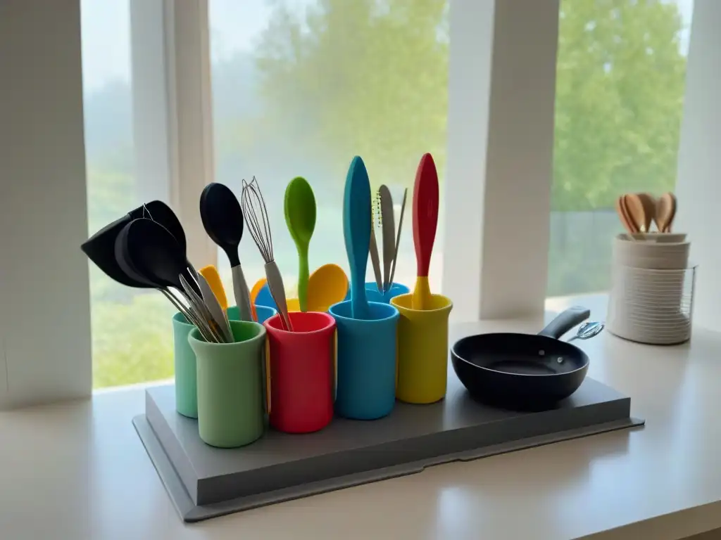 Utensilios de cocina coloridos en un moderno mostrador, perfecto para preparar tartas sin horno fáciles deliciosas