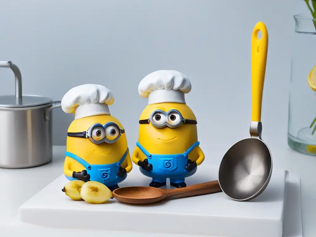 Utensilios de cocina Minions para repostería creativa en una encimera minimalista con divertidos utensilios amarillos y azules