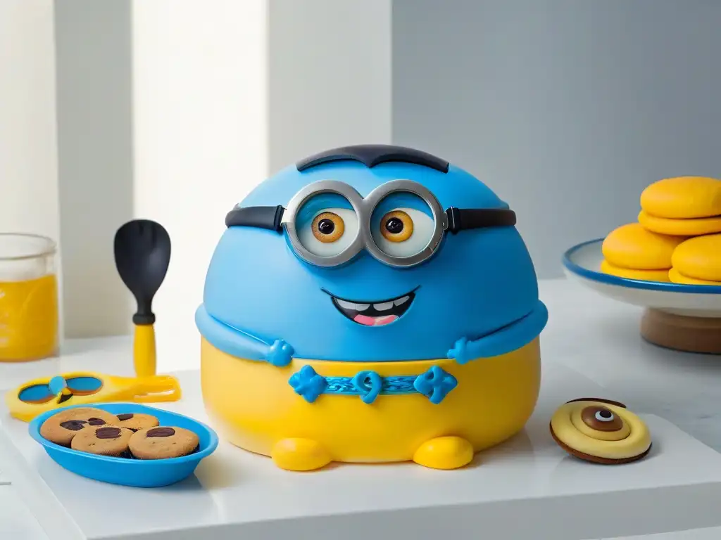 Utensilios de cocina Minions para repostería creativa: escena vibrante y caprichosa con utensilios coloridos y divertidos en un encimera de mármol