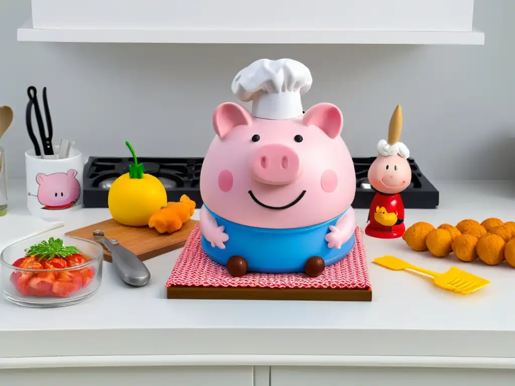 Utensilios de cocina Peppa Pig en un moderno mostrador, listos para cocinar con diversión y colorido