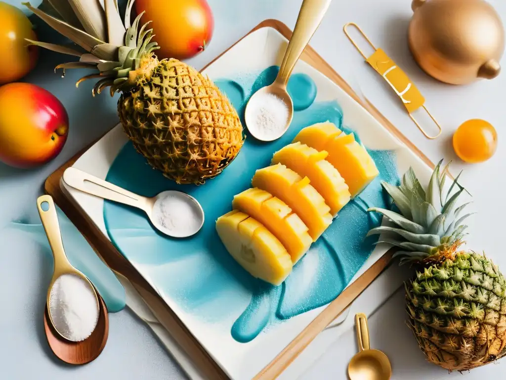 Utensilios de cocina repostería temática Moana con frutas tropicales y elementos dorados y turquesa sobre fondo blanco