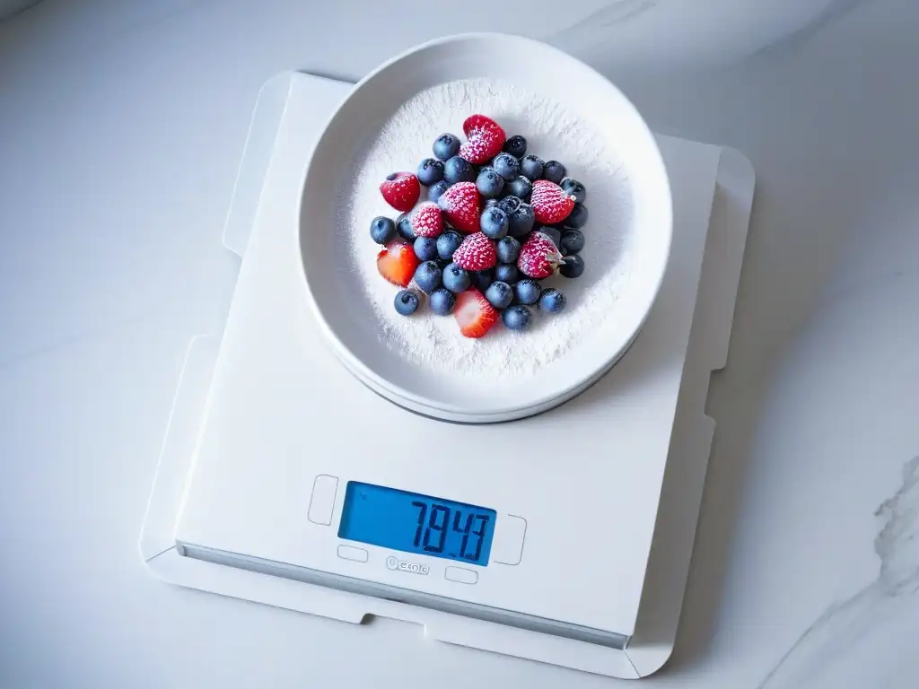 Balanza digital de cocina: precisión milimétrica con estilo moderno Utensilios de medición avanzados repostería: Detalle de una balanza digital moderna en una cocina, con bayas y azúcar