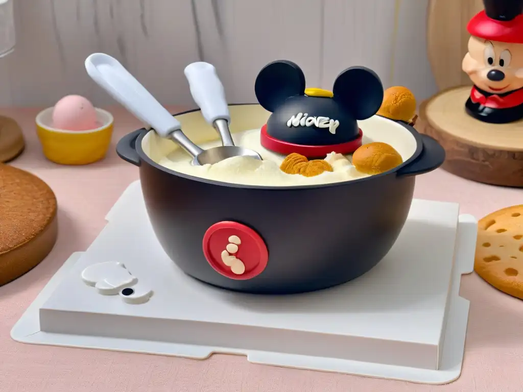 Utensilios de cocina Disney: arte culinario de alta calidad Utensilios repostería Disney originales en cocina moderna con detalles vibrantes y elegantes sobre encimera de mármol pulido