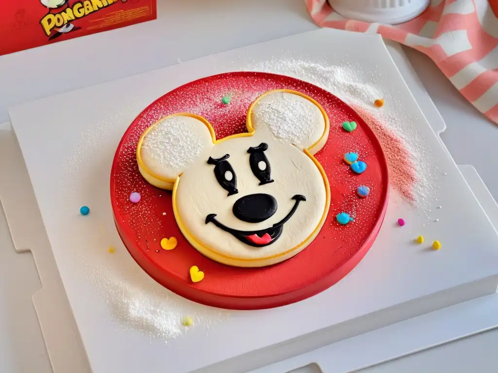 Cookie cutter de Mickey Mouse en mármol blanco Utensilios repostería Disney originales: Detalle de cortador galletas en forma de Mickey Mouse rodeado de coloridas decoraciones en mármol blanco