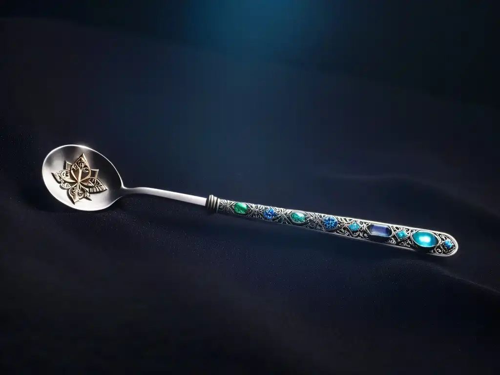 Cuchara mágica de plata con gemas brillantes Utensilios repostería Harry Potter: Cuchara plateada con símbolos mágicos y gemas brillantes sobre terciopelo negro