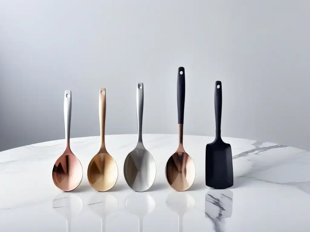 Utensilios de repostería alta gama: tres espátulas elegantes en plata, oro rosa y negro mate sobre un mostrador de mármol, iluminadas naturalmente