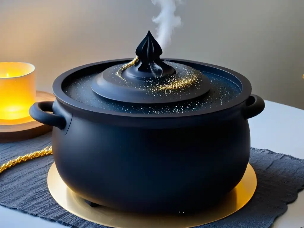 Caldero negro mágico con detalles plateados en mármol Utensilios de repostería Harry Potter: Caldero negro con detalles plateados, rodeado de chispas doradas en un encantador ambiente mágico