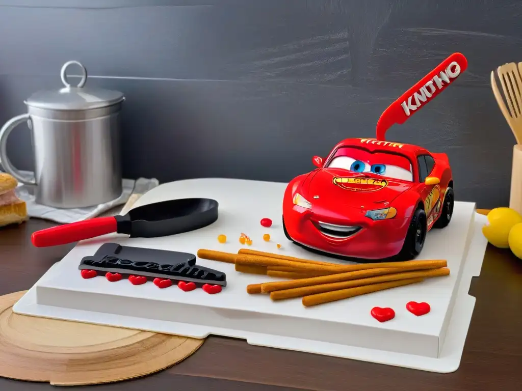 Utensilios de repostería Cars divertidos en cocina minimalista con detalles vibrantes