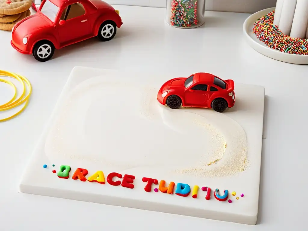 Utensilios de repostería Cars divertidos: molde de galletas en forma de coche rodeado de chispas coloridas en encimera de mármol blanco