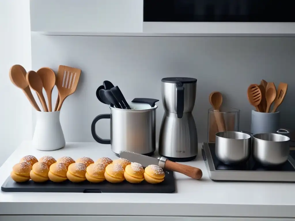 Utensilios Friends para repostería en una cocina moderna y minimalista, con utensilios de diseño icónico y detallado