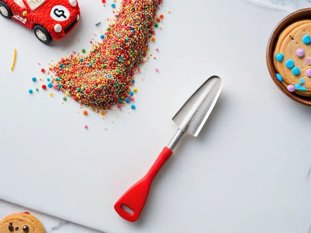 Utensilios de repostería Cars divertidos: Espátula roja temática de autos junto a moldes y sprinkles en encimera blanca