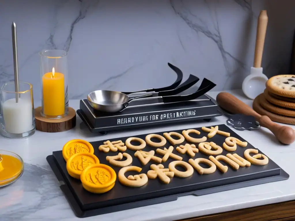 Utensilios de repostería Harry Potter en negro: ¡cocina con magia! Utensilios de repostería Harry Potter en una elegante presentación sobre encimera de mármol
