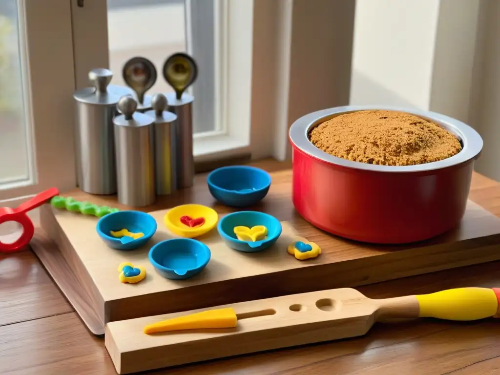 Utensilios de repostería infantiles coloridos en mesa de madera, perfectos para recetas repostería vegana niños