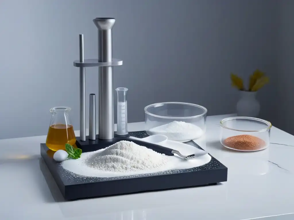 Utensilios de repostería molecular imprescindibles en elegante kit plateado sobre mármol blanco